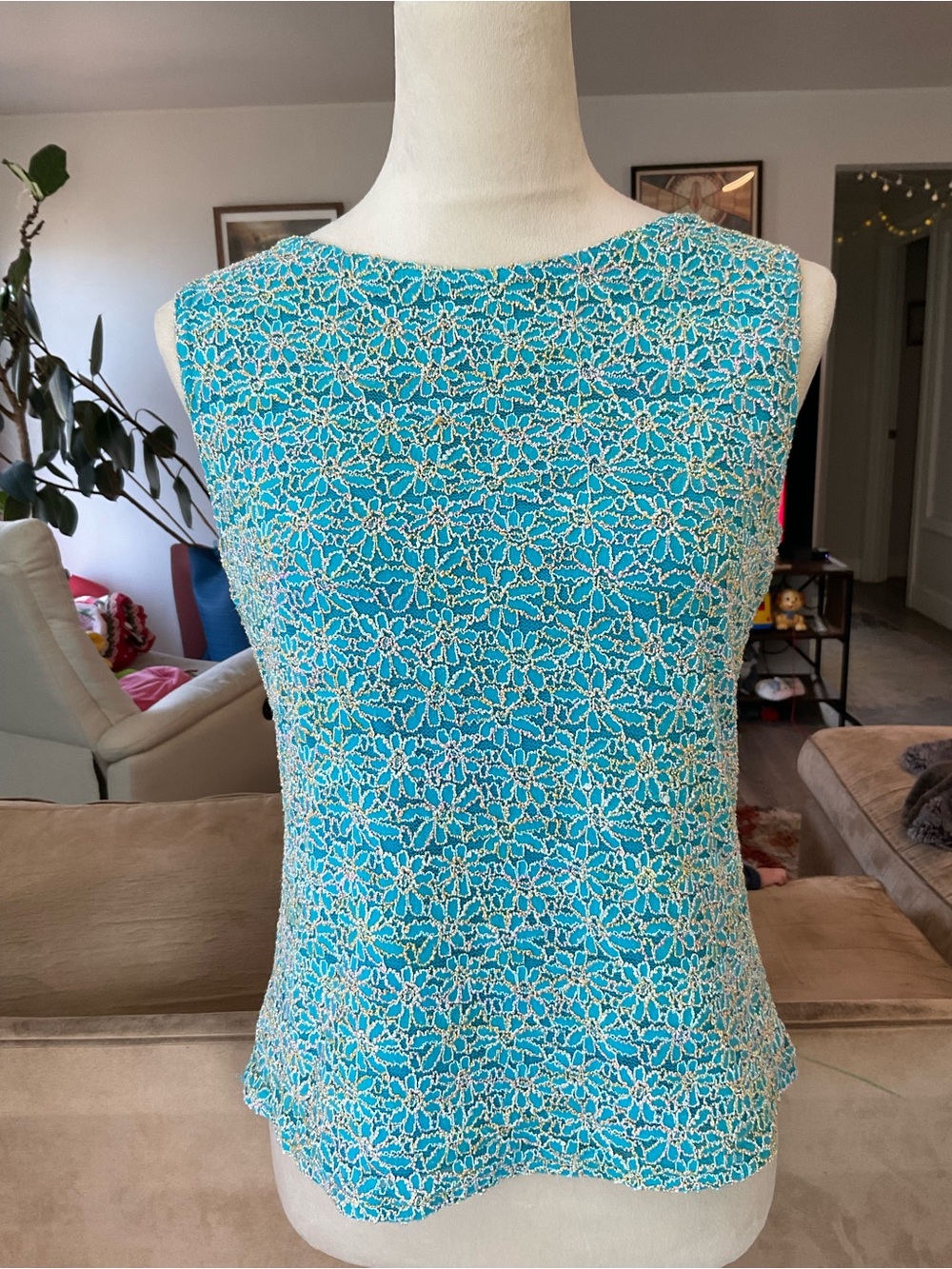 🌧️Vintage Dressbarn Turquoise & White Floral Crochet Lace Sleeveless Top Size M